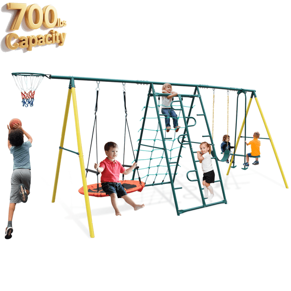 Kids Backyard Swing Set, 5 In 1 Metal Swing Set with Swing Seat, Slide, Teeter-Totter, and Glider, Kids Swing Frame, Outdoor Swingset for Up to 12 Years of Age, Max Weight 700 lbs