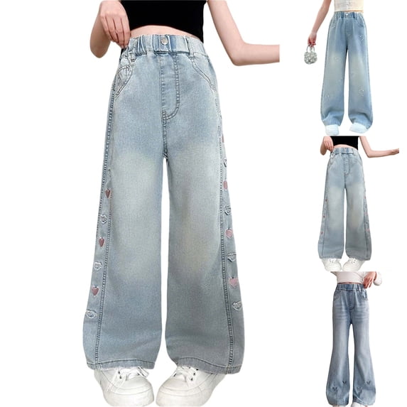 Kids Baggy Jeans High Waisted Wide Leg Embroidered Jeans Back To School Clothes Pants for Girls Size 3-13 Years
