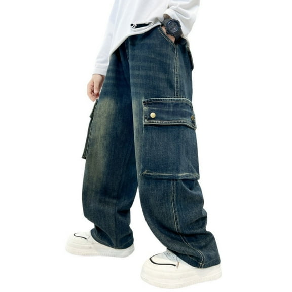 Kids Baggy Jeans Wide Leg Jeans Stretch Elastic Waist Denim Cargo Pants with Pockets Kids Clothes Girls Size 11-12 Years