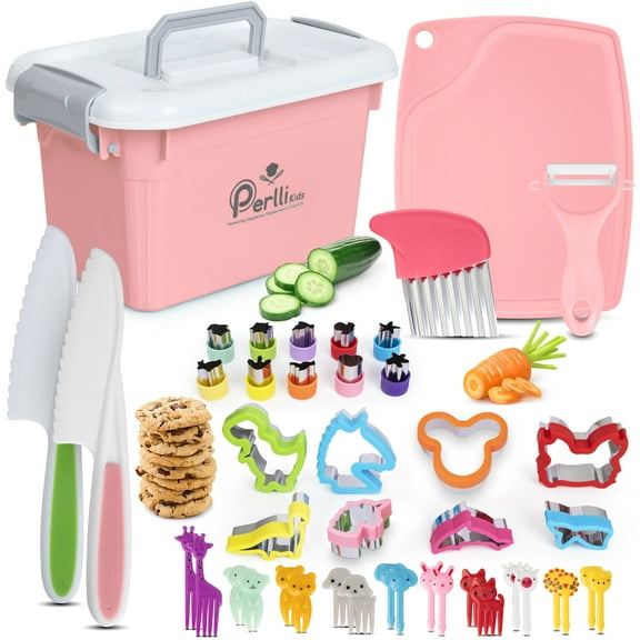 Perlli Kids Knife and Cookie Cutter Set – Safe Plastic Cooking Utensils for Children, Beginner Kitchen Tools, Pink