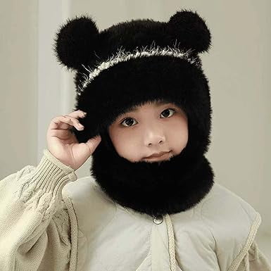 Kids Balaclava Hat - Bear Knit Plush All-in-One Winter Mask, Warm Scarf & Hood for Boys & Girls, Cold Weather Ski & Outdoor Play(XX-Black)