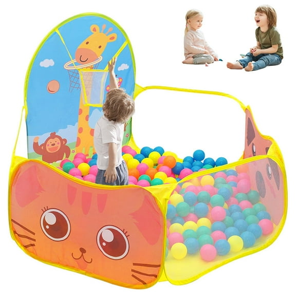 Kids Ball Pit,Portable Play Pool Tent for Kids,Baby Crawl Playpen with Basketball Hoop, Portable Toys for Girls Boys, Balls Not Included, Animal,Yellow