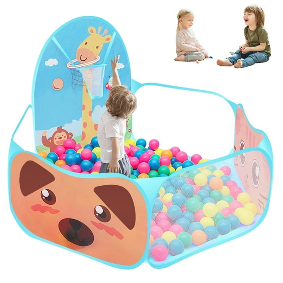 Kids Ball Pit,Portable Play Pool Tent for Kids,Baby Crawl Playpen with Basketball Hoop, Portable Toys for Girls Boys, Balls Not Included, Animal,Blue