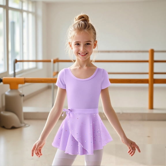 Kids Ballet Leotard Short Sleeve Purple Ballet Leotards for Girls with Glitter Skirt Ballet Outfit Kids 5-6 Years Dance Leotards for Girls