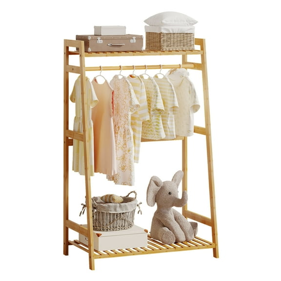 BAMBOOHOMIE Kids Bamboo Clothes Garment Rack, Clothing Rack with Shelves for Kids Child Baby, Kids Dress Up Storage Rack with Top Shelf, Toddlers Wardrobe Closet for Nursery (Small Size)