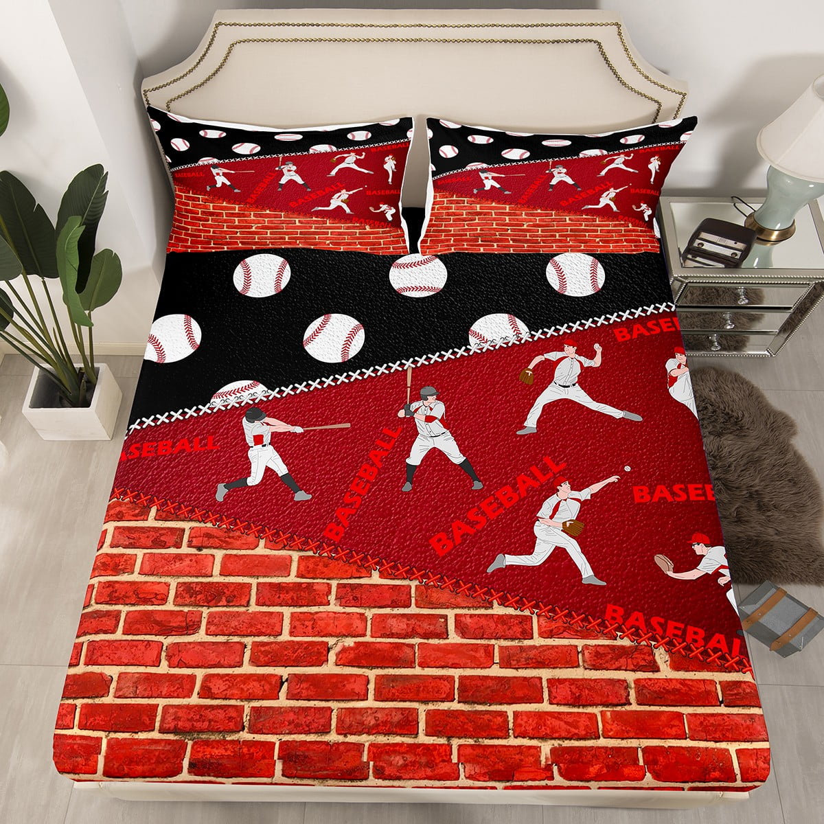 Kids Baseball Bed Sheets Twin Sports Competition Fitted Sheet, Red