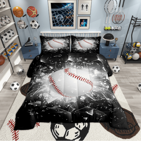 Baseball Comforter Set Baseball Bedding Full Size for Teens Bedroom Decor Sports Game Bedding Comforter Sets Cool Sports Baseball Gaming Quilt Black White Room Decor 3 Pieces