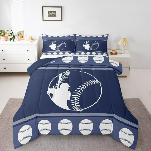 Baseball Comforter Set Queen Size,Navy Blue White Sports Bedding Sets Room Decor,Baseball Theme Quilt Bed Set Ball Games Gaming Duvet Insert with 2 Pillowcases