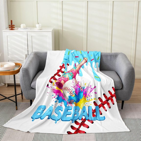 Kids Baseball Fleece Throw Blanket Throw Baseball Gaming for Bed Couch Chair Living Room for Girls Bedroom Decor Ice Cream Flannel Blanket Plush Fuzzy Sports Game Blue Red White Soft 30" x 40"