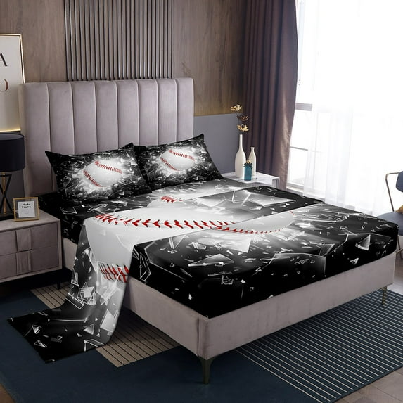 Baseball Sheets Baseball Bed Sheets Set Full Size for Teens Bedroom Decor Sports Game Sheet Set Cool Sports Baseball Gaming Flat Fitted Sheet Black White Room Decor 4 Pieces
