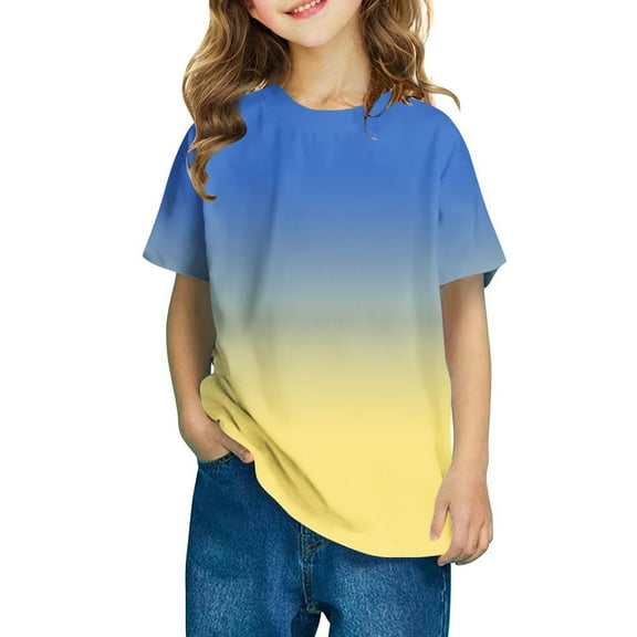 Kids Basic Tshirt, Boys Girls Summer Gradient Comfy Cotton T-Shirts, Casual Short Sleeve Pullover Loose Tee Tops for Teen Blue 13Y
