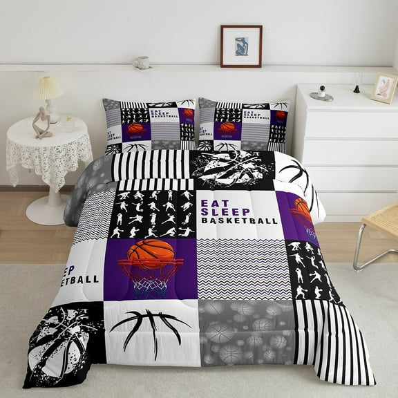 Basketball Comforter Set Full,Eat Sleep Basketball Bedding Teens,Sports Game Bedding Comforter Sets,Geometric Patchwork Duvet Insert with 2 Pillowcases Warm,Purple Black