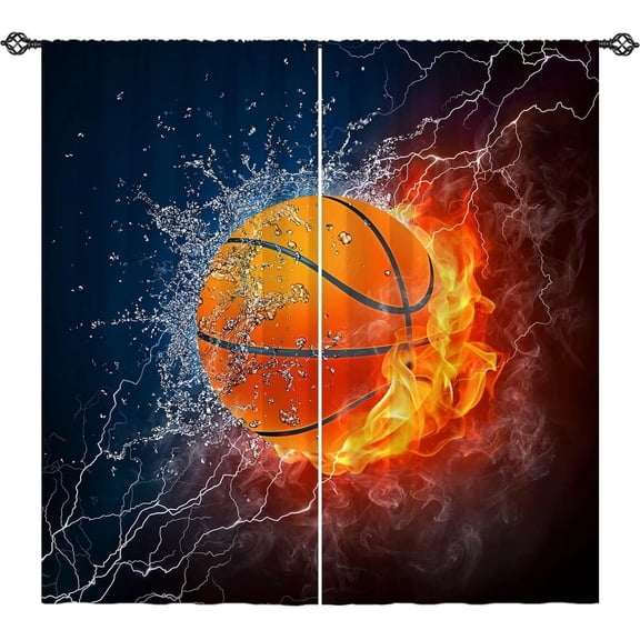 Kids Basketball Curtains W42 x L63 Inch Rod Pocket Sports Fire Ball Water Flame Thunder Lightning Print Pattern Privacy Fabric Window Drapes for Boys Bedroom Nursery Baby Playroom 2 Panels