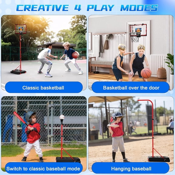 Kids Basketball Hoop, 4 in 1 Kids Basketball Hoop and T Ball Set with Hanging Baseball Hoop, Toddler Basketball Toys, 2.98-5.8ft Adjustable Basketball Set for Indoor & Outdoor Backyard Sport Game