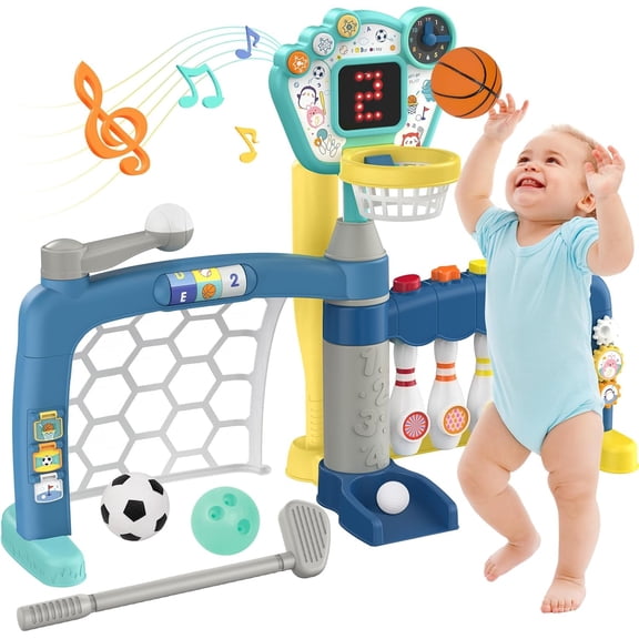 Kids Basketball Hoop with Adjustable Height, 5 in 1 Toddler Sports Activity Center Basketball Bowling Baseball Soccer Goal Golf for Indoor Outdoor Best Gift for Baby Infant
