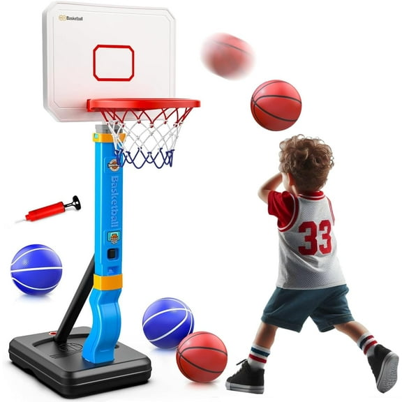 Kids Basketball Hoop, Adjustable Height Goal Board Stand, Indoor Outdoor Toddler Classic Sports, Mini Portable Backyard Game 4-Balls Set, Boy Girl Toy Gift Adult Poolside Party Play, Blue