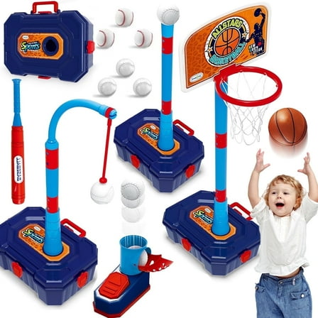 LINXUXIE 4 in 1 Toddler Basketball Hoop and T Ball Set, Kids Baseball Toys with Pitching Machine, Indoor & Outdoor Sport Birthday Gifts for 1-3 3-5 Year Old