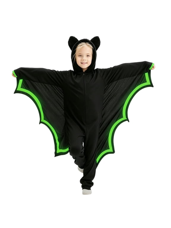 Kids Bat Halloween Onesie, Zip Hooded Jumpsuit with Green Trim Wings, Soft Polyester for Trick or Treat and Party Black 110