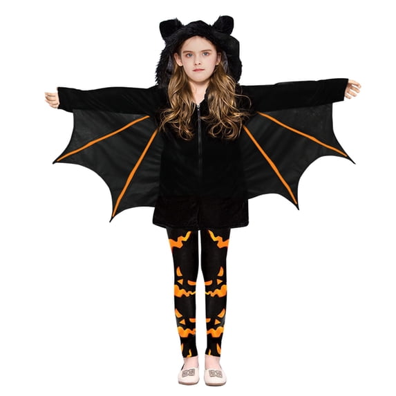 Kids Bat Outfit, Black Hooded Cape with Wings and Pumpkin Print Leggings, Halloween Party Dress Up Set for Boys Girls