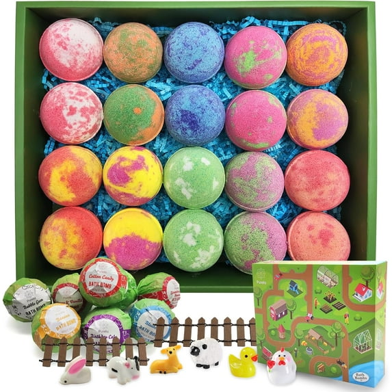 Kids Bath Bombs Gift Set. 20 Natural Bath Bombs with Toys Inside & Farm Playmat