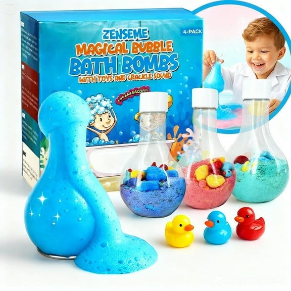 Kids Bath Bombs Powder with 12 Mini Toy Ducks Inside – Bubble Potions for Kids with Natural Essential Oils – Bubble Bath Magic Science Kit Mix - Blast of Fizzy Foamy & Eruption Colors – Gift Set of 4