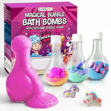 Kids Bath Bombs Powder with 12 Mini Unicorn Toys Inside – Bubble for Kids with Natural Essential Oils – Bubble Bath Magic Science Kit - Blast of Fizzy Foamy & Eruption Colors – Gift Set of 4
