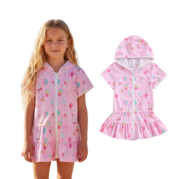 Kids Bathing Suit Cover Up Girls Zip Up Hooded Cute Print Girls Towel Cover Up Girls Towel Dress Kids Swimsuits 9-10 Years