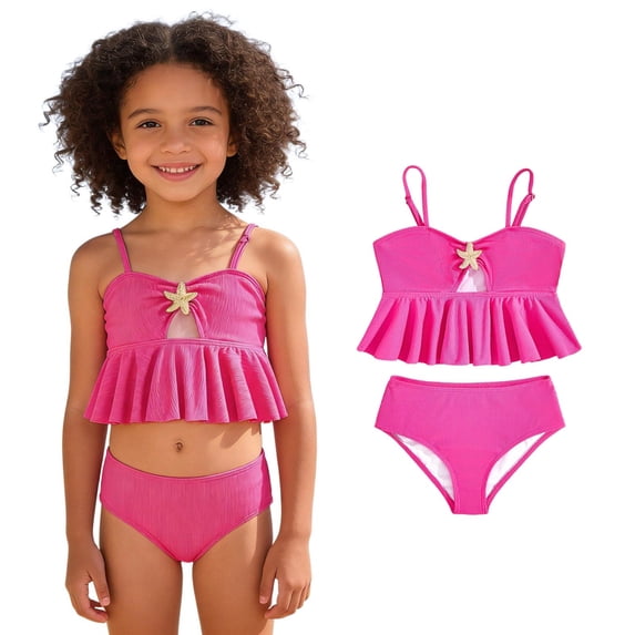 Kids Bathing Suits Girls Adjustable Strap Ruffled Swimsuits Girls 2 Piece Bikini Sets Kids Bathing Suits for Girls Size 5-6 Years