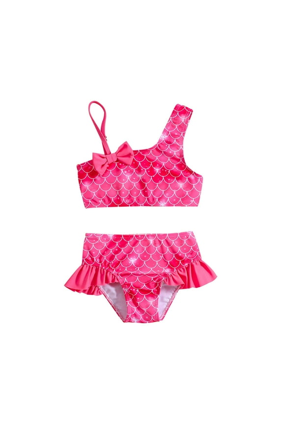Kids Bathing Suits Girls One Shoulder Fish Scale Printed Ruffle Bathing Suit Summer 2Piece Swimwear,Red,4-5 Years