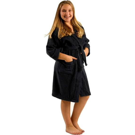 Kids Bathrobe- Boys Girls Microfiber Fleece Hooded Robe With Pockets and Self-Tie Belt, MEDIUM, BLACK Color