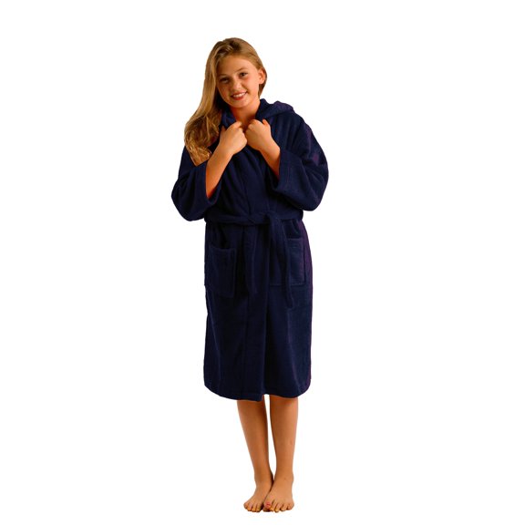 Kids Bathrobe- Boys Girls Microfiber Fleece Hooded Robe With Pockets and Self-Tie Belt, Size SMALL, NAVY Robe