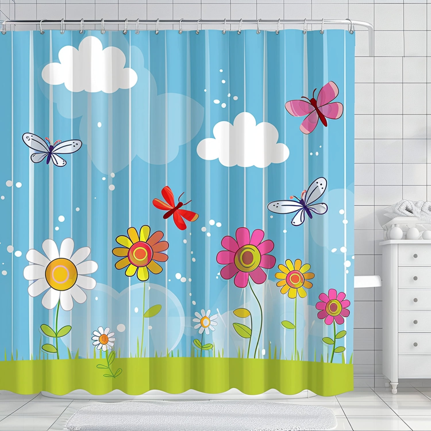 Kids Bathroom Curtain with Cute Flowers and Dragonflies on Blue Stripes Cartoon Style Bright and ...