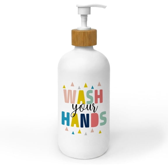 Kids Bathroom Decor Soap Dispenser, Wash Your Hands Glass Soap Dispenser, Colorful Boho Refillable Handsoap Pump Bottle for Bathroom Washroom Countertop