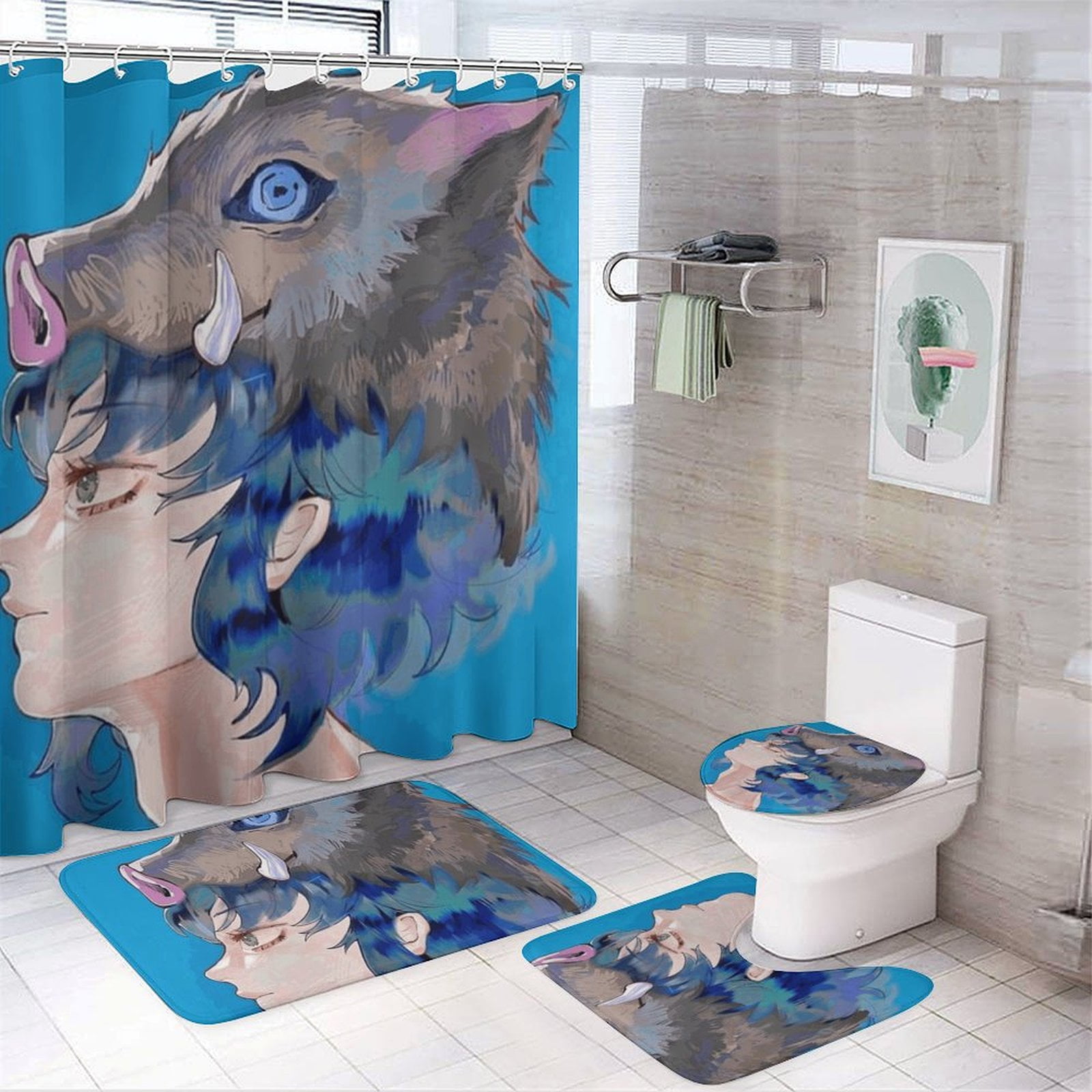 Kids Bathroom Demon Slayer 4-Piece Set (Shower Curtain, U-Shaped Mat ...