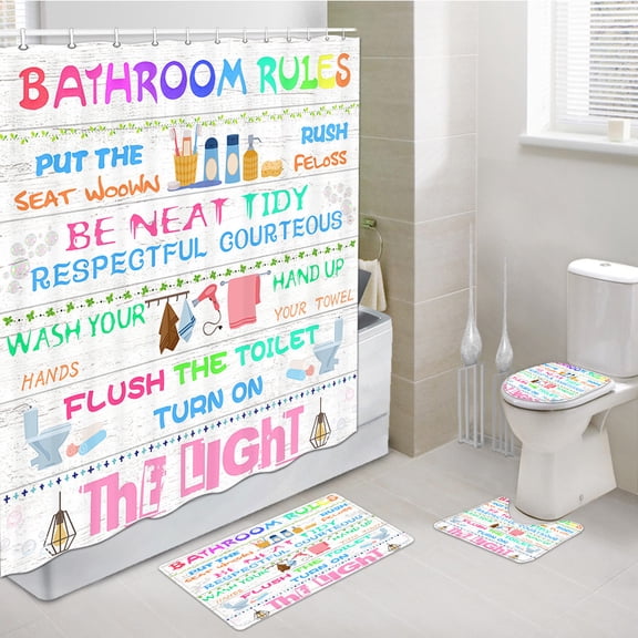Kids Bathroom Rules Shower Curtain Sets,Colorful Bathroom Accessories Bathroom Rugs Mat Toliet Lid Cover,Inspirational Quotes Wood Planks Words Bathroom Curtain Set