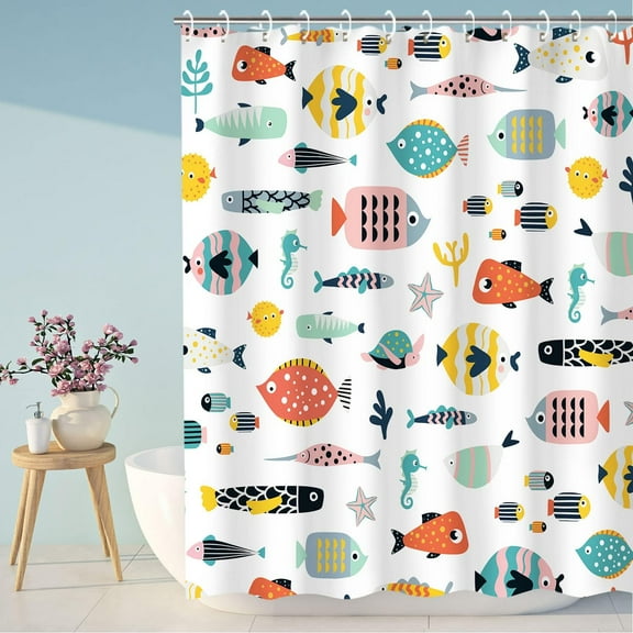 Kids Bathroom Shower Curtain, Cartoon Fish, Waterproof Colorful Animal Cartoon Fish Bathroom Decor 48"W x 72"L (Pack of 1)