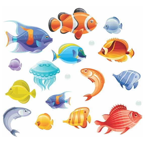 Kids Bathroom Tile - Window - Shower Door or Screen Decorative Tropical Fish Stickers Double Sided Glass Window clings Removable Colorful Under The sea Collection - No Adhesive Static Cling