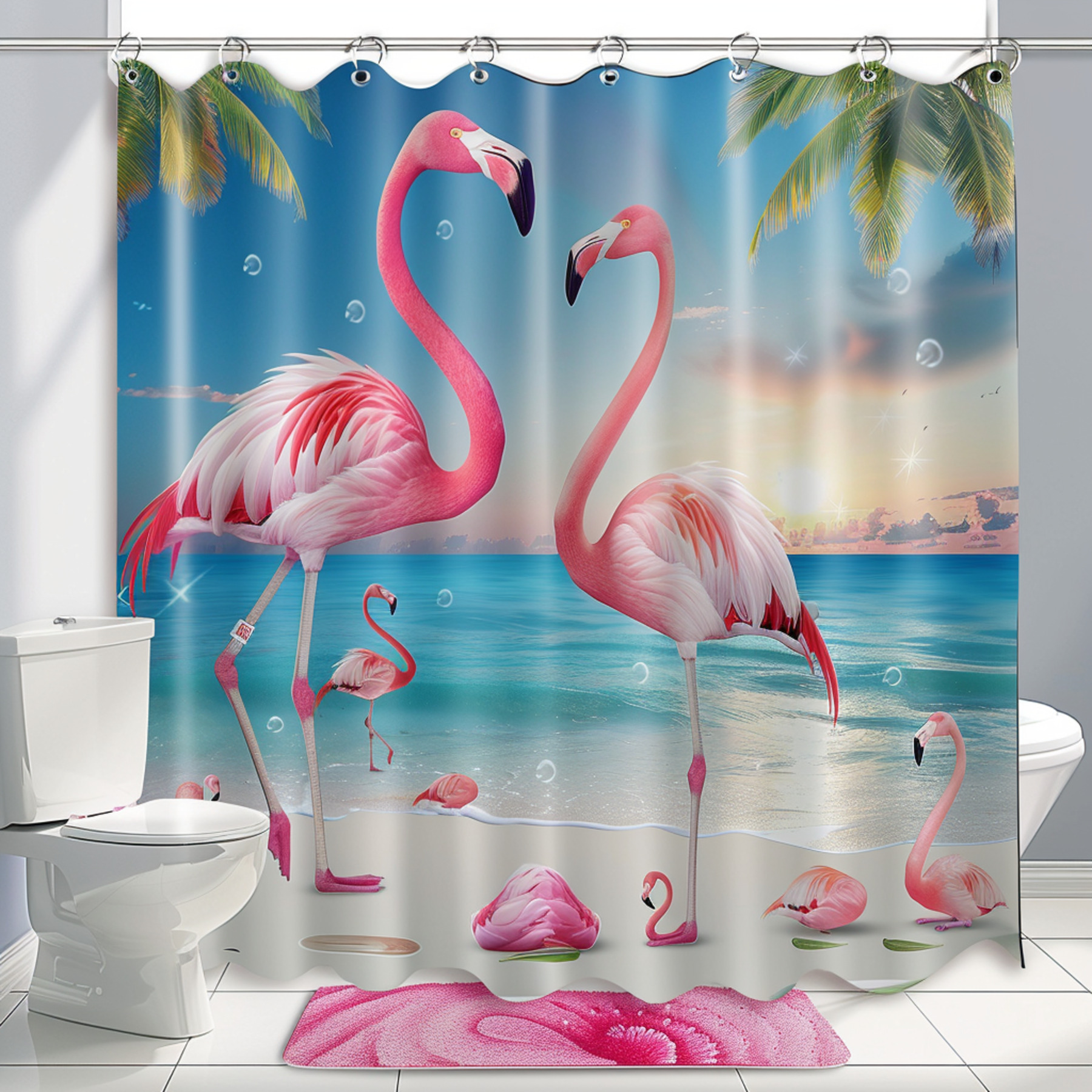 Kids' Beach Bathroom Decor with Pink Flamingo and Palm Trees Realistic ...
