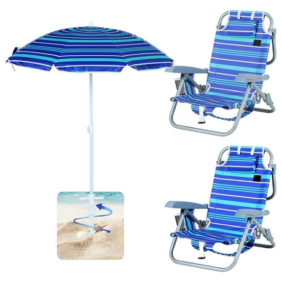 Kids Beach Chair with Umbrella (2 Pack), Foldable Backpack Beach Chair for Toddlers, Lightweight Fishing Chair with Side Bag & Pillow