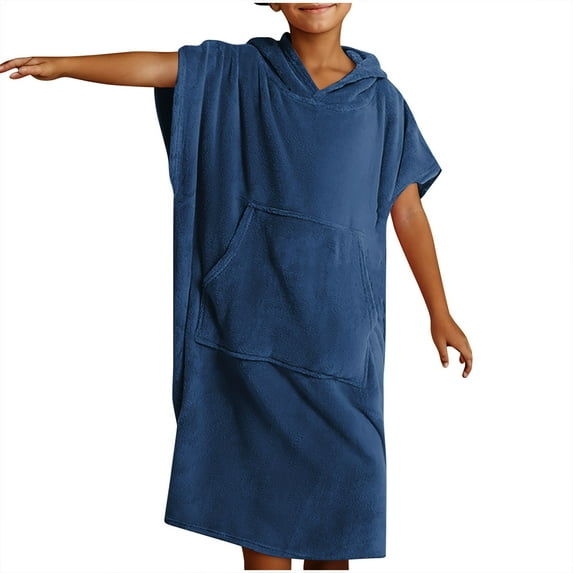 Kids Beach Hooded Terry Towels Pool Cover Up Bathing Suit Wraps Swim Changing Robe Poncho Swimsuits with Pocket Navy, Free Size