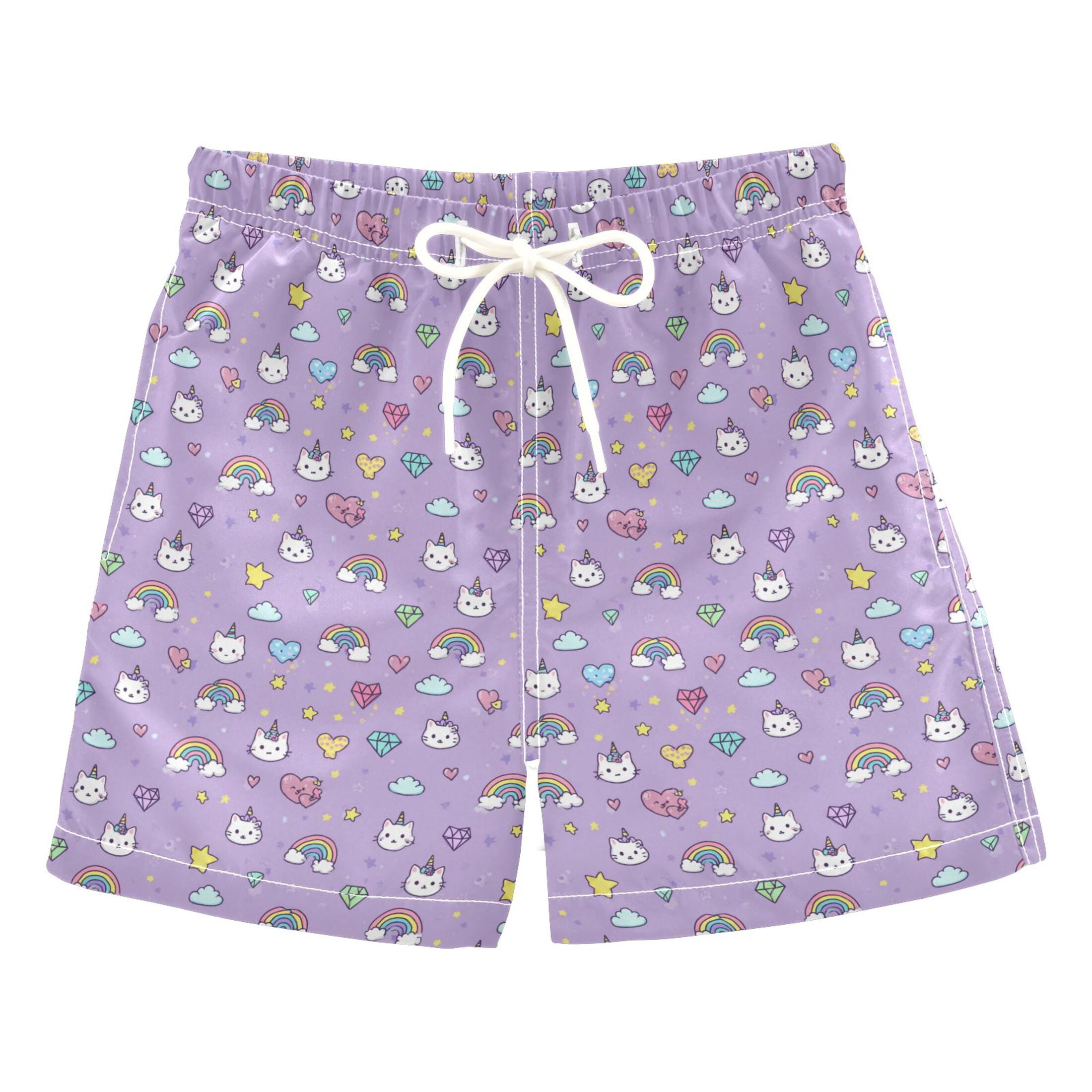 Kids' Beach Pants Comfortable Swim Trunks Cat Face and Rainbows Pattern ...
