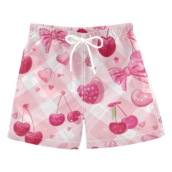 Kids' Beach Pants Comfortable Swim Trunks Cherry and Pink Bow Pattern Shorts for Pool Vacation and Lounge Wear Large