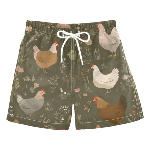 Kids' Beach Pants Comfortable Swim Trunks Chickens with Wildflowers and Grasses Shorts for Pool Vacation and Lounge Wear Small