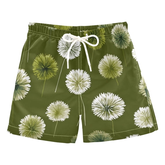 Kids' Beach Pants Comfortable Swim Trunks Green Dandelions Pattern Shorts for Pool Vacation and Lounge Wear 4T