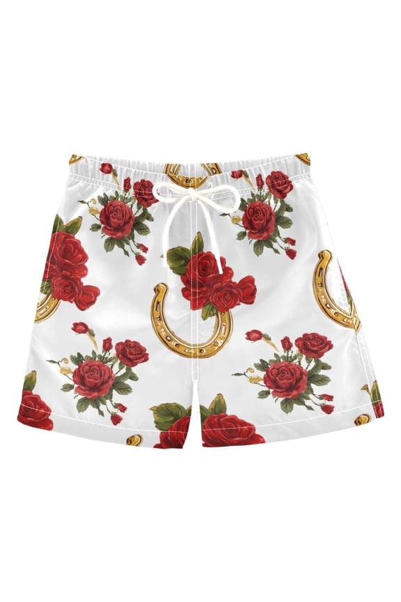 Kids' Beach Pants Comfortable Swim Trunks Horseshoe Pattern with Red Roses Shorts for Pool Vacation and Lounge Wear Small