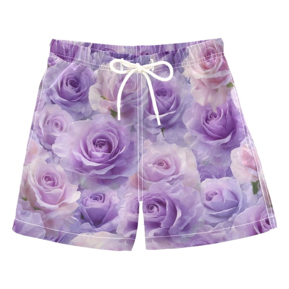 Kids' Beach Pants Comfortable Swim Trunks Light Purple Roses Pattern Shorts for Pool Vacation and Lounge Wear 2T