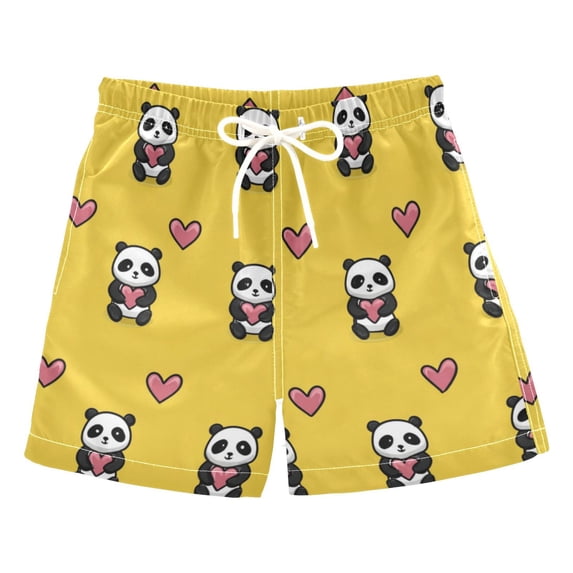 Kids' Beach Pants Comfortable Swim Trunks Panda Cartoon with Heart Pattern Shorts for Pool Vacation and Lounge Wear 3T