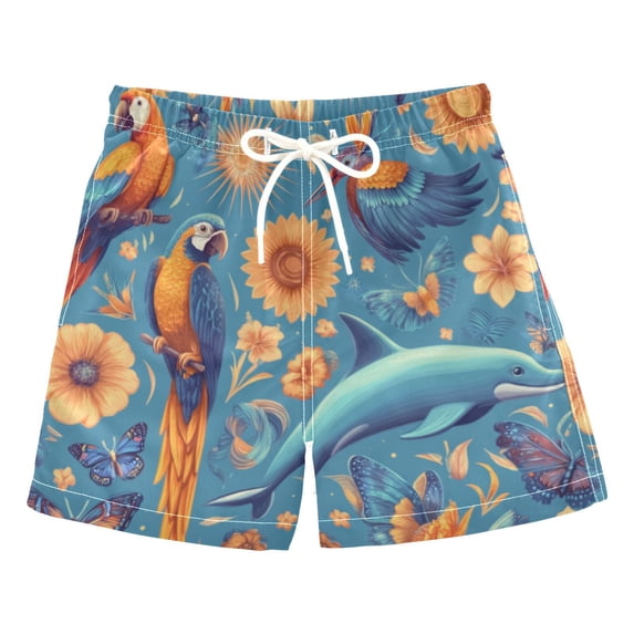Kids' Beach Pants Comfortable Swim Trunks Parrots and Butterflies Pattern Shorts for Pool Vacation and Lounge Wear Medium