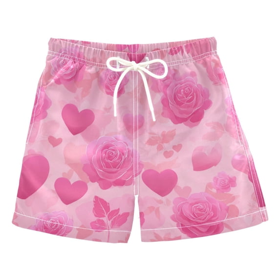 Kids' Beach Pants Comfortable Swim Trunks Pink Hearts and Roses Pattern Shorts for Pool Vacation and Lounge Wear Medium