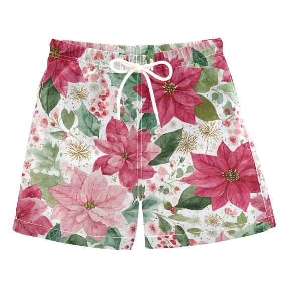 Kids' Beach Pants Comfortable Swim Trunks Red Flowers and Leaves Shorts for Pool Vacation and Lounge Wear X-Small